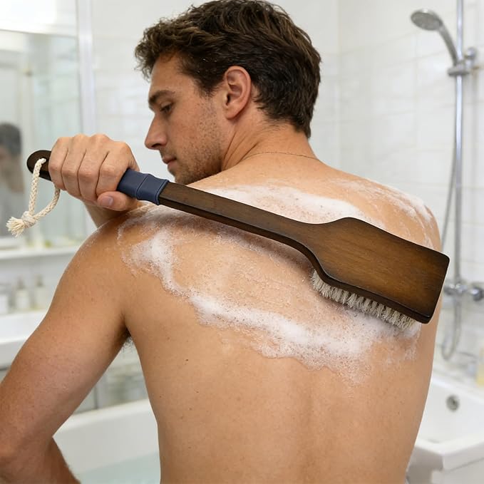 Back Scrubber Shower Brush,Dry Brushing Body Brush with 17.7 Inch Curved Long Handle, Natural Bristles for Lymphatic Drainage, Soft & Stiff Bristles Available (Gray Handle, Stiff)