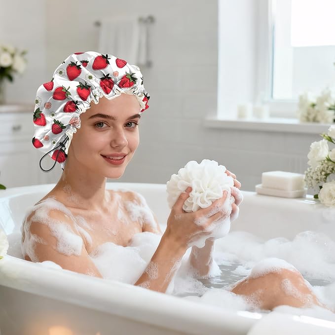 Shower Cap Reusable Double Layer Adjustable Elastic Waterproof EVA Hair Bath Caps for Women Girls Cute Aesthetic-Strawberry
