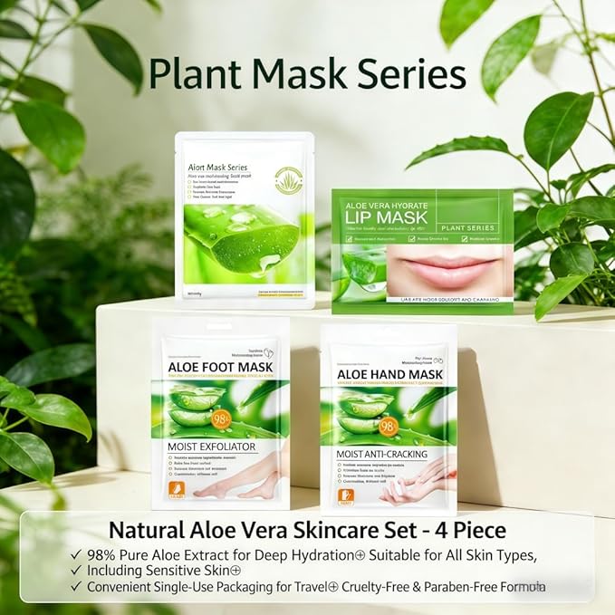 8 PCS Aloe Vera Moisturizing Mask Set - Hand & Foot + Face & Lip Masks, Dry Skin Comfort & Quick Hydration, Plant-Based Skincare Thoughtful Holiday Gift for Her, Suitable for All Skin Types,