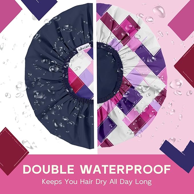 Years calm Waterproof Shower Cap for Women - Double-Layer Reusable Bath Cap with Elastic Band for Long/Short/Curly/Braids Hair, Washable & Travel-Friendly, Fit for Shower, Spa (Geometric Shower Cap)