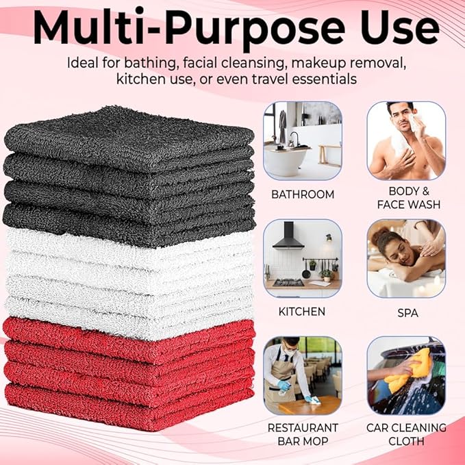 QUBA LINEN 100% Cotton Washcloth Set – Soft, Absorbent Face Towels for Bathroom & Gym Use – Durable & Reusable Wash Cloths - Dark Grey, White & Burgundy, 12x12 Inches, Pack of 12