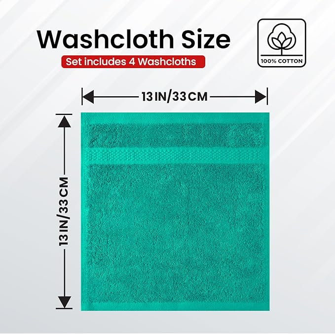 Infinitee Xclusives Luxury Wash Cloths for Showering [13x13] – 100% Cotton Washcloths [Pack of 4], Soft and Absorbent Face Towels for Bathroom Wash Clothes, Gym, and Spa (Vivid Green)