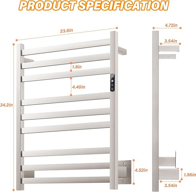 9 Bars Wall Mounted Towel Warmer, Heated Towel Rack for Bathroom, Smart Control with 24-Hour Timer, Plug-in or Hardwired Installation Hot Towel Rack, Stainless Steel Towel Warmer Rack