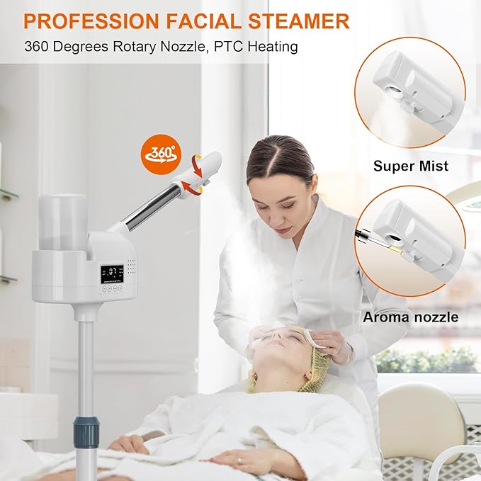 Professional Facial Steamer, Face Steamer Upgrade PTC Heating, Esthetician Steamer Hot Mist Facial Steamer for Salon Spa Beauty (White)