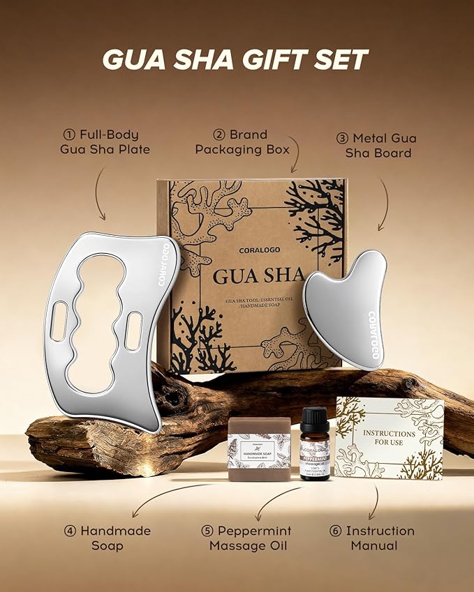 Coralogo Stainless Steel Gua Sha Tools - 4pc Skin Care Tools Set with Gua Sha Oil, Soap, Muscle Scraper for Face Massaging Body Relaxing, Self Care Gift for Her Birthday Mother's Day