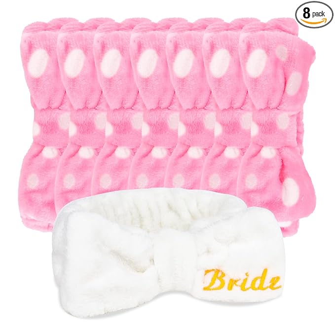 CIEHER Spa Headbands for Bachelorette Party Favors, 8 Pcs Pink Dot Spa Headbands for Bride & Bridesmaid, Bachelorette Gifts for Bride's Skincare & Makeup
