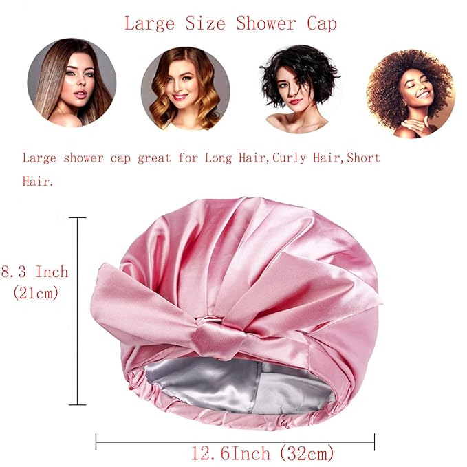 Large Shower Cap for Women Reusable Waterproof Adjustable Shower Caps with Silk Satin Lined Luxury Shower Cap for Long Hair(Pink)