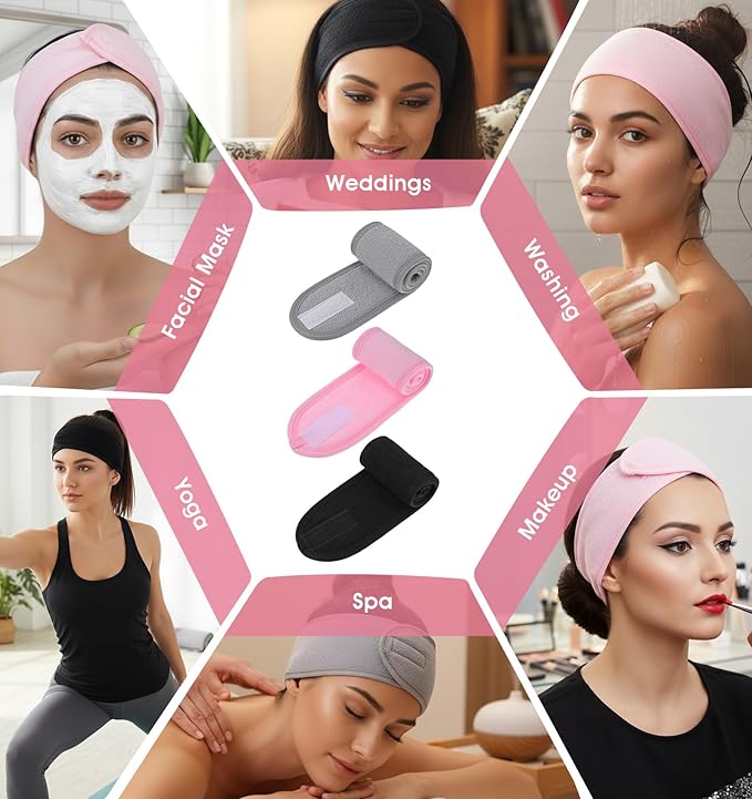 3 Pack Face Wash Headband, Adjustable Spa Headbands for Women, Non-Slip Terry Cloth Headband for Facial, Makeup & Shower, Soft Stretchable Hair Band