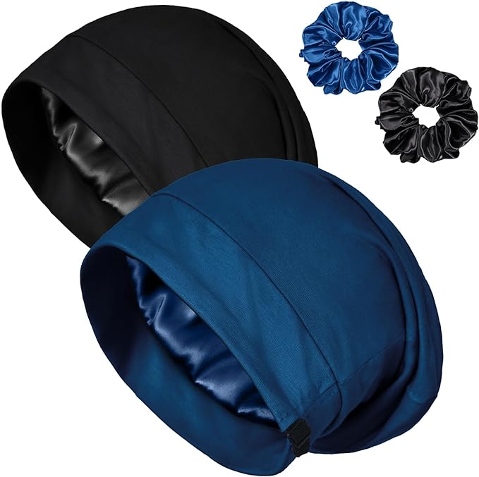 Satin Bonnet for Sleeping Night Cap, Adjustable Satin Lined Silk Bonnets Sleep Cap for Curly Hair Braids Beanie Black Women