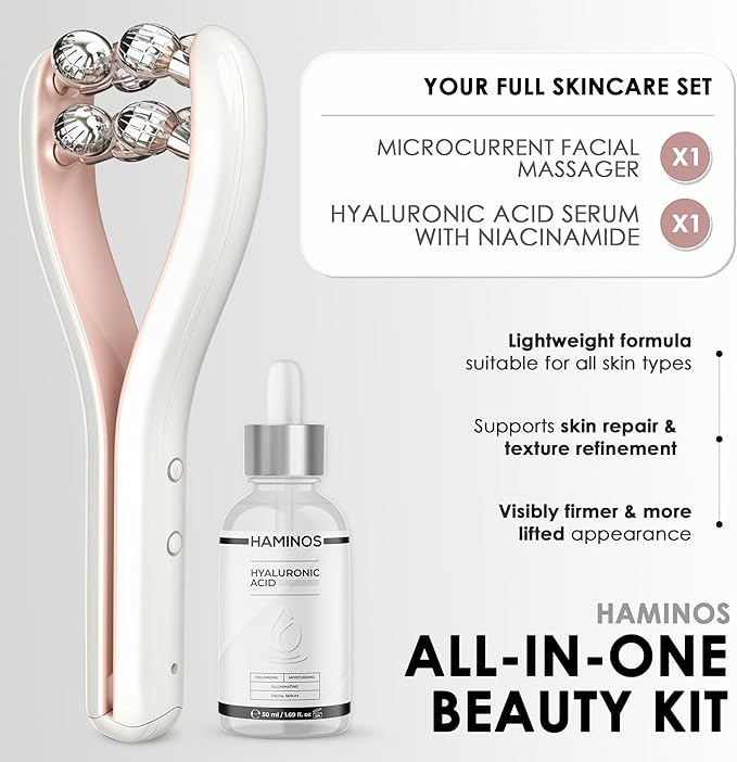 HAMINOS Microcurrent Facial Massager with 3D Roller, 3 Intensity Levels, Lifting & Toning Tool for Face, Leg, Arms & Neck, Gentle Contouring & Skincare Absorption