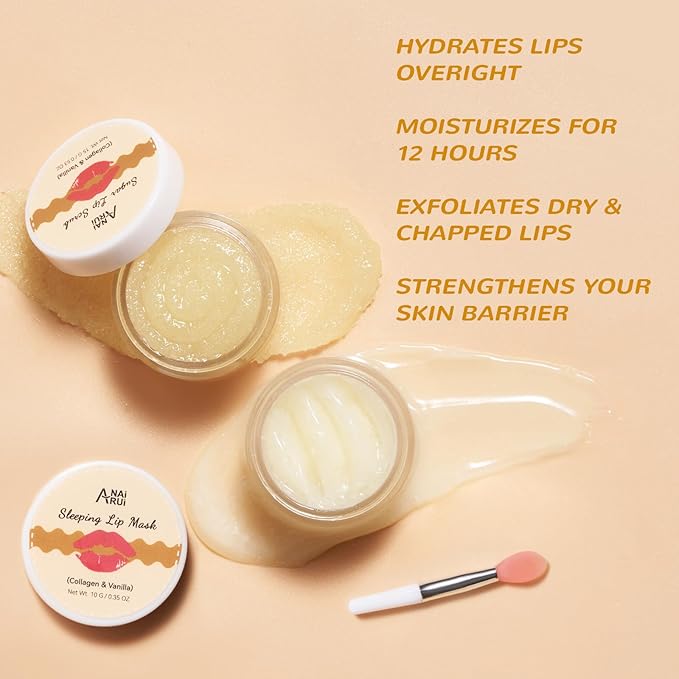ANAI RUI Lip Mask and Scrub Set, Lip Sleeping Mask & Lip Exfoliator Scrub for Exfoliating, Lip Overnight Treatment, Lip Care Gift Kits for Dry, Chapped & Dark Lips, Holiday Gifts For Girls, Vanilla