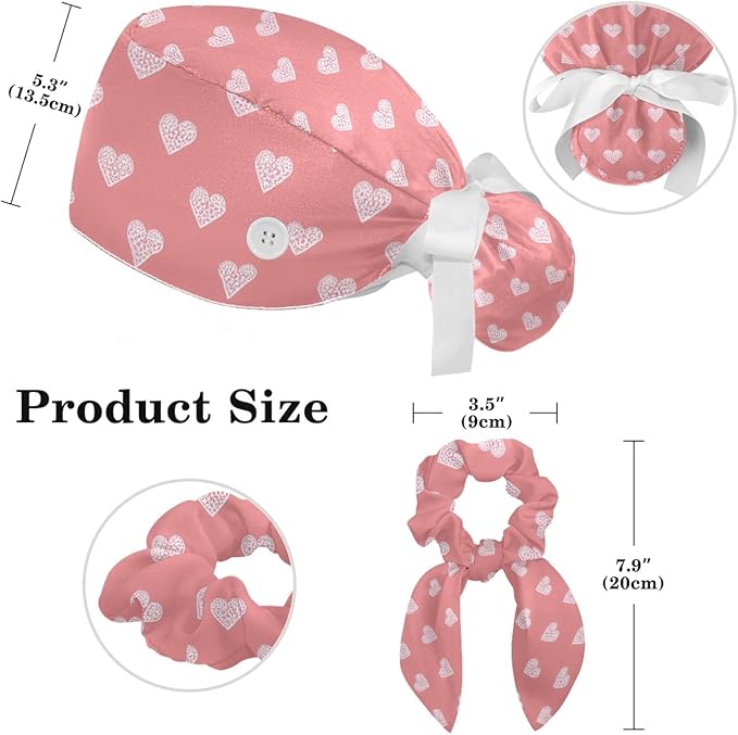Scrub Caps Women Ponytail Cute Pink and White Leaves Caps Bouffant Working Hat Elastic Tie Back Hats with Button