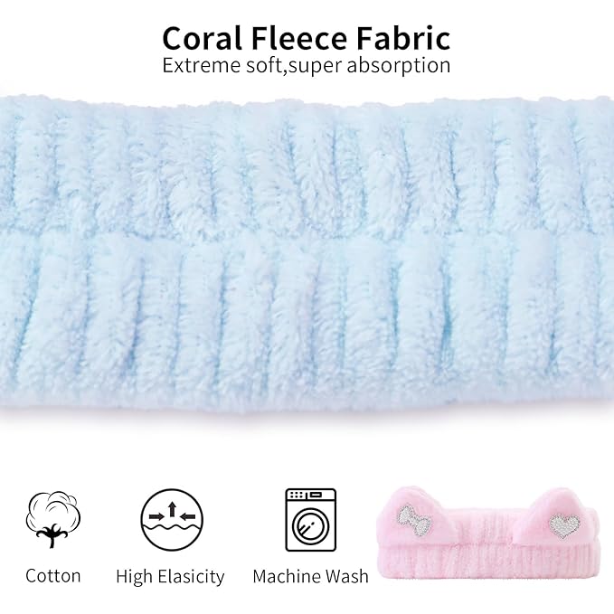 Kawaii Spa Headbands for Women Girls - 2 Pack Cute Cat Ear Soft Fleece Facial Headbands for Makeup, Skincare, Bath, Shower, Beauty and Face Washing, Blue+Pink Heart