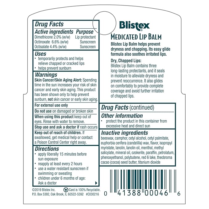 Blistex Medicated Lip Balm, 0.15 Ounce, Prevent Dryness & Chapping, SPF 15 Sun Protection, Seals in Moisture, Hydrating Lip Balm, Easy Glide Formula for Full Coverage, 3 Count, (Pack of 2)