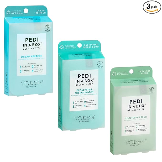 VOESH Pedi in a Box 4 Step Fresh Trio - 3 Pack of Ocean Refresh, Eucalyptus Energy Boost, & Cucumber Fresh Pedicure Set, DIY Pedi, Foot Spa