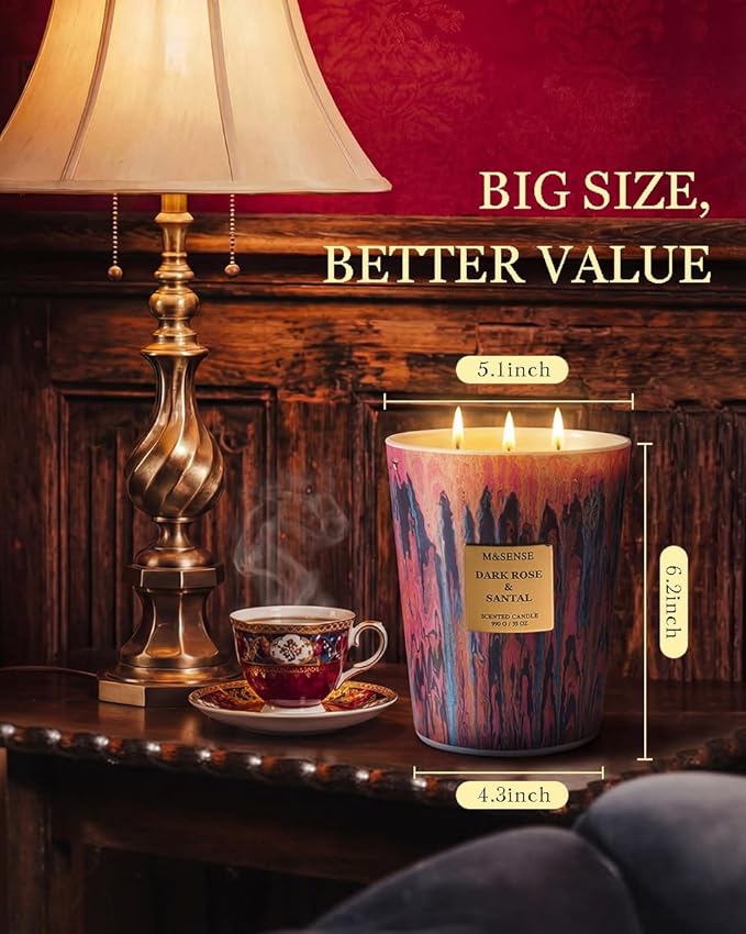 M&SENSE 3-Wick Dark Rose Large Soy Scented Candle, 35oz 150H Non-Toxic Luxury Floral Aroma, Spring Decor Candle, Romantic Perfect Present for Mom Her