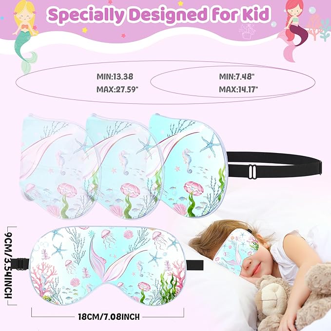 2 Pcs Sleep Mask for Kids Girls, Silk Eye Covers for Sleeping, Adjustable Strap & Light Blocking Design, Children's Bedtime Blindfold for Travel and Home Use (Mermaid)