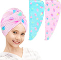 FIOBEE Microfiber Hair Towel Wrap for Kid Rapid Drying Towel Absorbent Hair Turbans for Wet Hair with Button Women Girls Long Curly Hair Pack of 2, Teal/Pink Ice Cream