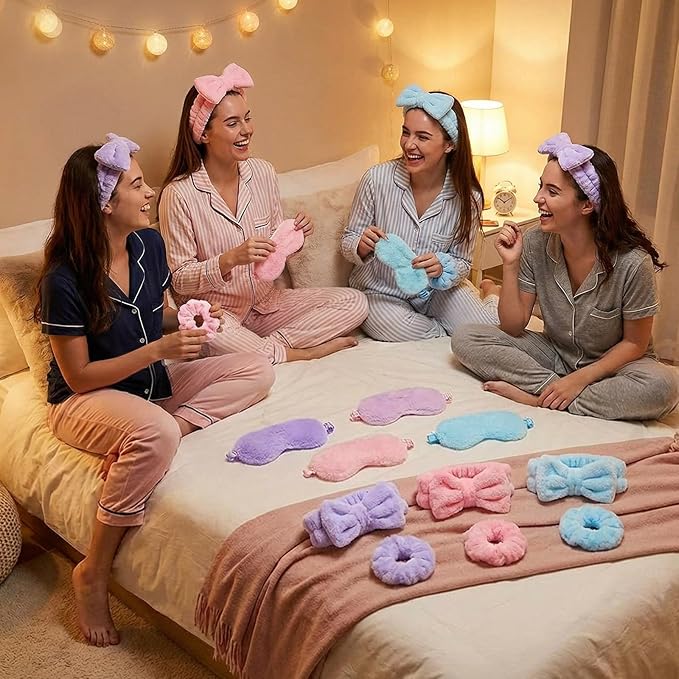 Mimorou 48 Pieces Spa Party Supplies Gift for Mother's Day 12 Spa Headband 12 Plush Sleep Eye Mask 12 Velvet Scrunchies 12 Organza Bags for Sleepover Slumber Party Graduation Gift(Pink,Blue,Purple)