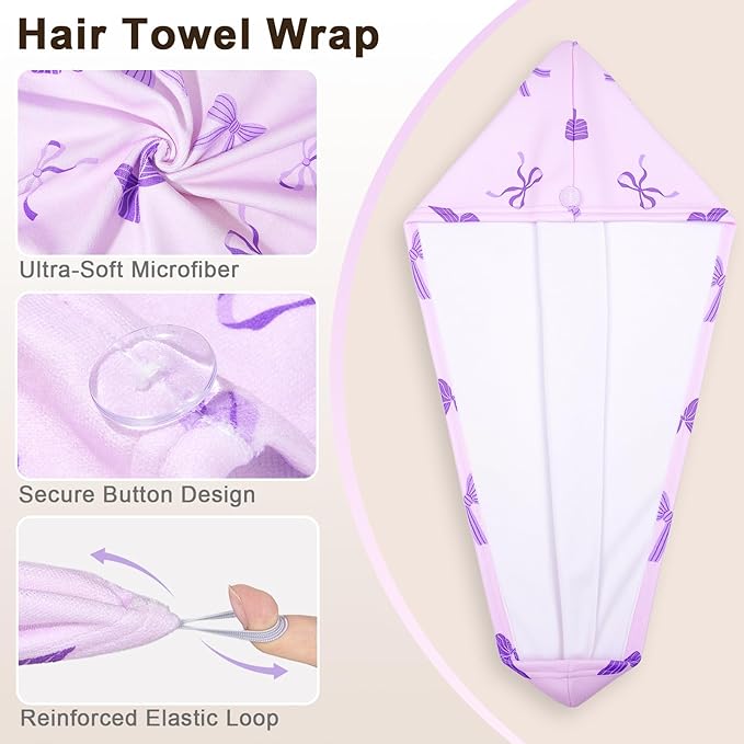 Unicorn Castle Microfiber Hair Towel for Kids 2Pack Hair Wrap Towels Absorbent Hair Drying Towel Wrap Hair Turbans for Curly Thick Hair, Pink Purple Bow
