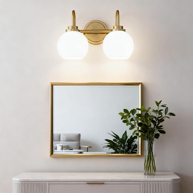 AKEZON Bathroom Light Fixtures 2-Light Brushed Gold Vanity Light, Modern Bathroom Wall Sconce with Milky White Frosted Glass Shade for Mirror Bedroom Hallway