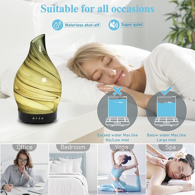 Essential Oil Diffuser 150ML, Glass Aromatherapy Diffuser with 4 Timer Settings & 7 Color Changing Lights, Waterless Auto Shut-Off, Ultra Quiet Oil Diffuser for Home, Office, Yoga, Spa and Sleeping