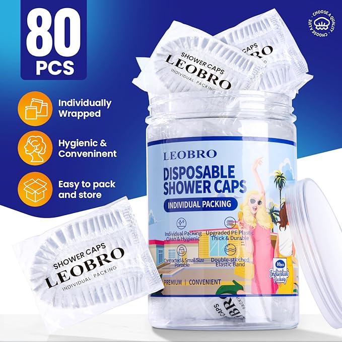 LEOBRO Shower Cap, 80PCS Individually Wrapped Disposable Shower Caps for Women, Plastic Shower Caps Disposable, Plastic Hair Caps, Clear Shower Cap for Travel, Deep Conditioning, Hotel, 17.3 INCH