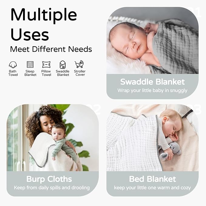 Yoofoss Hooded Baby Towels for Newborn 2 Pack 100% Muslin Organic Cotton Baby Bath Towel with Hood for Babies, Infant, Toddler and Kids, 32x32Inch, Soft and Absorbent Newborn Essential,White&Pure Grey