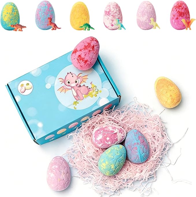 Bath Bombs with Surprise Inside, 6/12 Pack Fizzy Bubble Bath Gift Set, Dinosaur Egg & Ocean Theme Bath Fizzies, Natural Sea Salt Color Changing Spa Easter Bath Balls (Dinosaur Egg 6PC Blue Box)