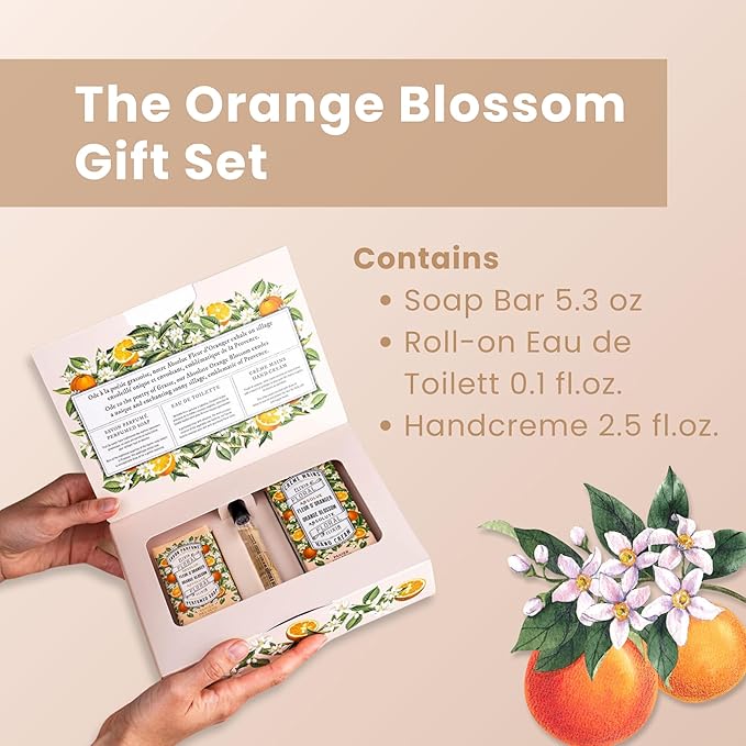 Panier des Sens - Orange Blossom Gift Set for Women - Roll On Perfume + Hand Cream + Bar Soap - Mothers Day Gift Ideas, Birthday Gift for Her - Self Care Kit with 96% Natural Formula - Skin Care Set
