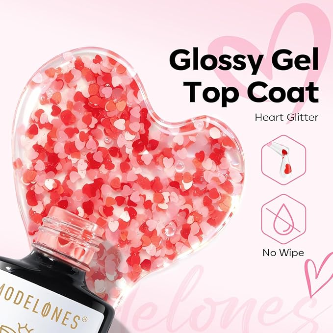 modelones Heart Glitter Gel Top Coat, 15 ML 2 in One No Wipe Clear Gel Nail Polish Red Pink Color Reflective Hearts Sequins Glossy Shine Long Lasting Soak Off Manicure Gift for Women