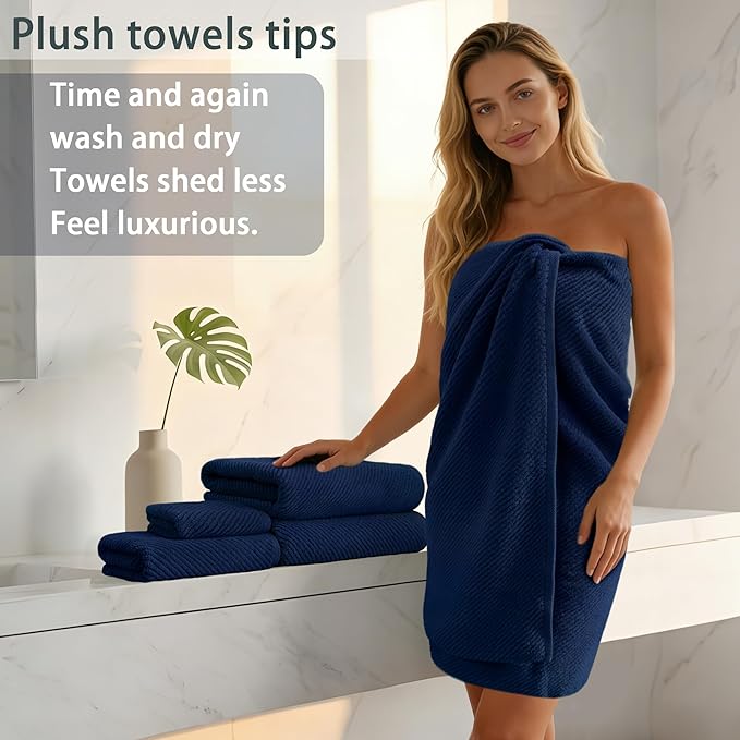 VOOVA & MOVAS Bath Towels, Large 30" x 56" - 100% Cotton | Quick Dry | Light Weight | Thick | Soft | Absorbent, 4PC Luxury Shower Towel Set for Bathroom, Towel Gift Set, Navy Blue