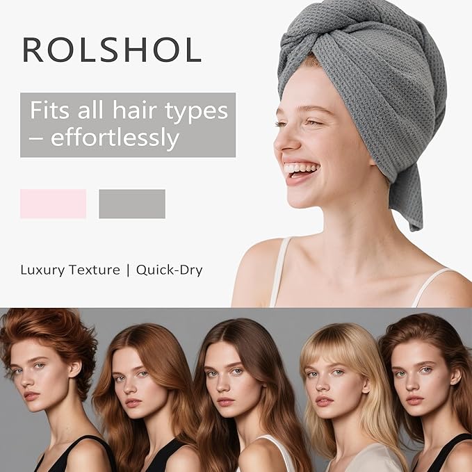 ROLSHOL 2 Pack Microfiber Hair Towel Wrap for Women, 32" x 11" Waffle Weave Hair Plopping Towel for Curly, Long & Thick Hair, Anti-Frizz Hair Turbans for Wet Hair (White, Grey)