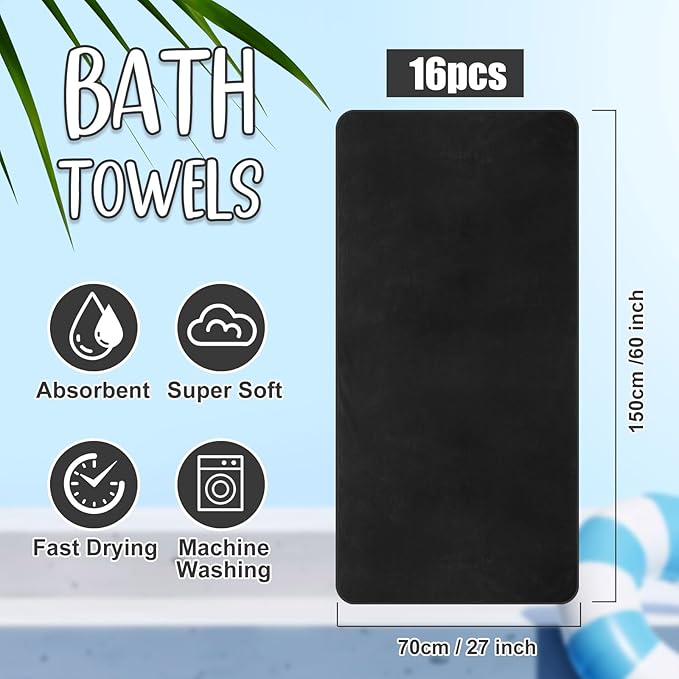 SmoothNovelty 16 Pack Microfiber Bath Towels Bulk 27'' x 60'' Oversized Size Bath Towel Highly Absorbent Extra Large Soft Drying for Beach Shower Summer Salon Sport Gym Party (Lattice,Black)
