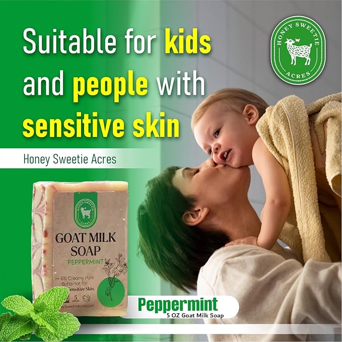 Honey Sweetie Acres Peppermint Goat Milk Soap - Handmade 5 oz Bar, Made with Natural Ingredients, Moisturizing & Gentle, Made in the USA
