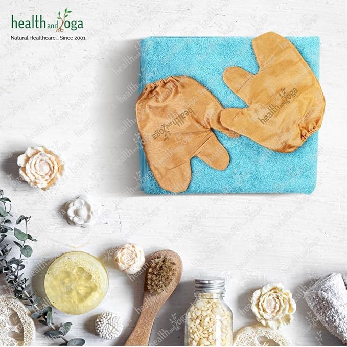 HealthAndYoga™ Silk Garshana Ayurvedic Massage Gloves - Electro Static Lymph Circulation Boost - 100% Natural Dry Skin Brushing and Exfoliation and Excess Fat Treatment - Mitt Style 1 Pair