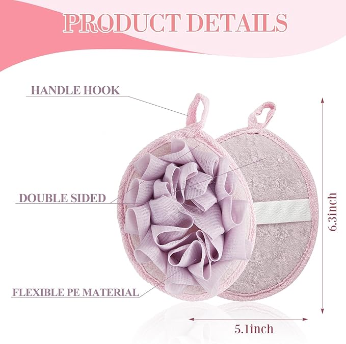 Boao 3 Pcs Bath Shower Pouf Sponge Mesh Pouf Shower Ball Exfoliating Body Sponge Pad Scrubber Glove with Flower Bath Ball (Beige,Dark Pink Purple)