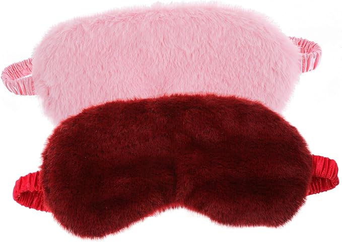 2 Pcs Plush Eye Mask Soft Sleeping Blindfold Eye Cover Comfortable Furry Faux Fur Sleeping Mask Satin Nap Night Eyeshade Cover for Women Men Gift (Pink, Red)