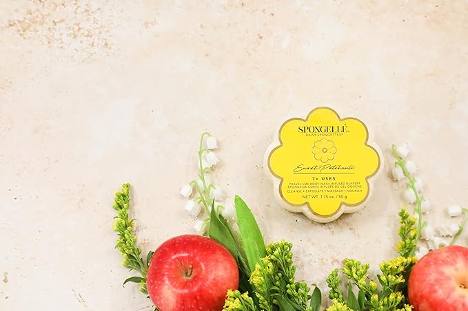 Spongellé Sweet Patchouli Daisy Spongette Bath Sponge | Built-in Body Wash & Body Scrubber, Shower Loofah Sponge for Women, Travel Essentials | 7+ uses