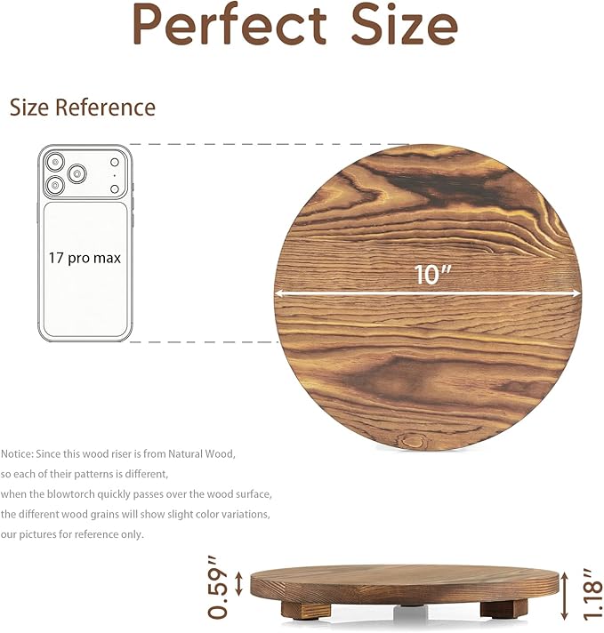 Round Decorative Tray Burnt Wood Bathroom Counter Organizer Pedestal Stand Farmhouse Kitchen Decor Wooden Riser for Soap Dish, Perfume, Candle, Sponge, 10" - Brown