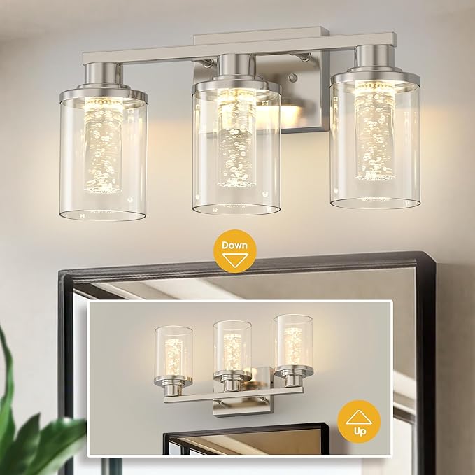 L LOHAS LED 3-Light Brushed Nickel Bathroom Light Fixtures, Crystal LED Bathroom Vanity Lights with Clear Glass Shade, 5CCT Dimmable Vanity Lights for Living Room Hallway with Remote Control