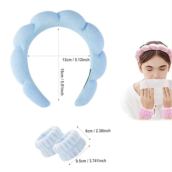 Spa Headband and Wristband Set for Women,Terry Cloth Sponge Headband for Washing Face,Makeup,Facial Mask and Skincare (Blue, One Size)