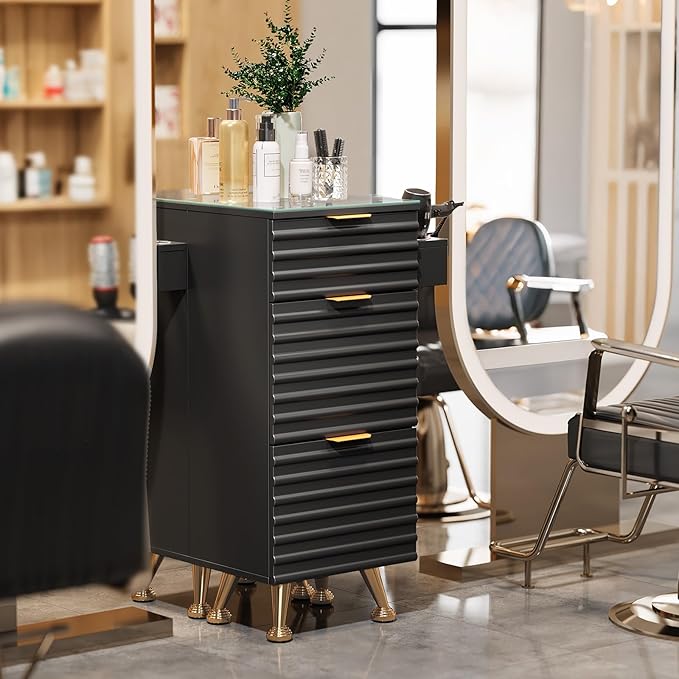 OmySalon Salon Stations for Hair Stylist, Barber Station with Glass Top & Drawers & Hot Tool Holder, Salon Storage Cabinet Hair Organizer Equipment for Beauty Spa, Black