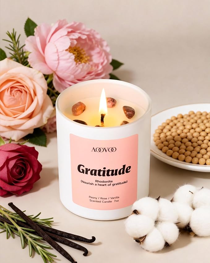 AOOVOO Mothers Day Candles Set for Mom - 4 Pack Candles for Home Scented, Aromatherapy Candle with Crystals, Gratitude Rhodonite/Appreciation Clear Quartz/Blessing Aventurine/Love Rose Quartz