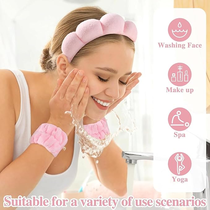 6 Pcs Elastic Microfiber Spa Headband Set for Women - Makeup, Skincare, Face Wash Wristbands, Beauty.(pink)