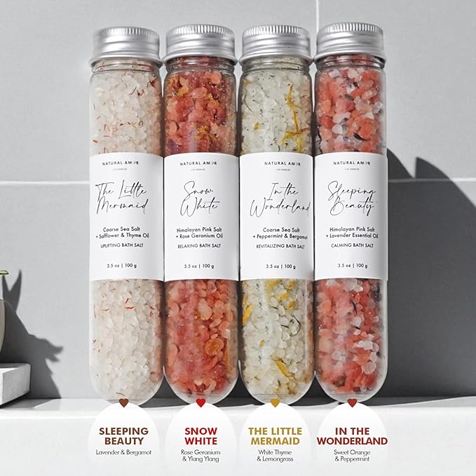 Natural Amor Natural Bath Salt Gift Set – 4 Pack Tubes with Sea Salt, Dried Flowers & Essential Oils – Lavender, Rose, Peppermint, Herbal – Relaxing Soak, Spa Gift for Women