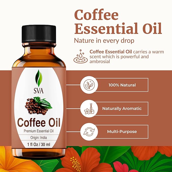 SVA Coffee Essential Oil – 1 Fl Oz – 100% Natural Coffee Oil - for Diffuser, Hair Care, Face, Skin Care, Aromatherapy, Scalp and Body Massage, Soap and Candle Making - with Dropper