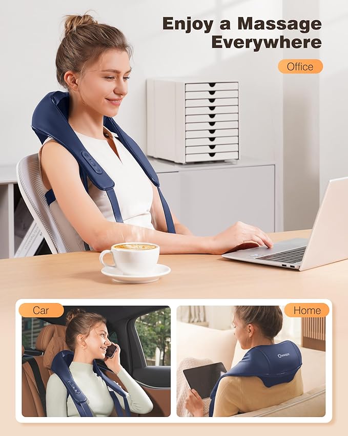 KNQZE Neck and Shoulder Massager with Heat, Cordless Back and Neck Massager, Upgraded Graphene Heating, 4D Shiatsu Deep Kneading Massage for Shoulder, Back,Leg,Pain Relief, Gift for Dad Mom(Blue)
