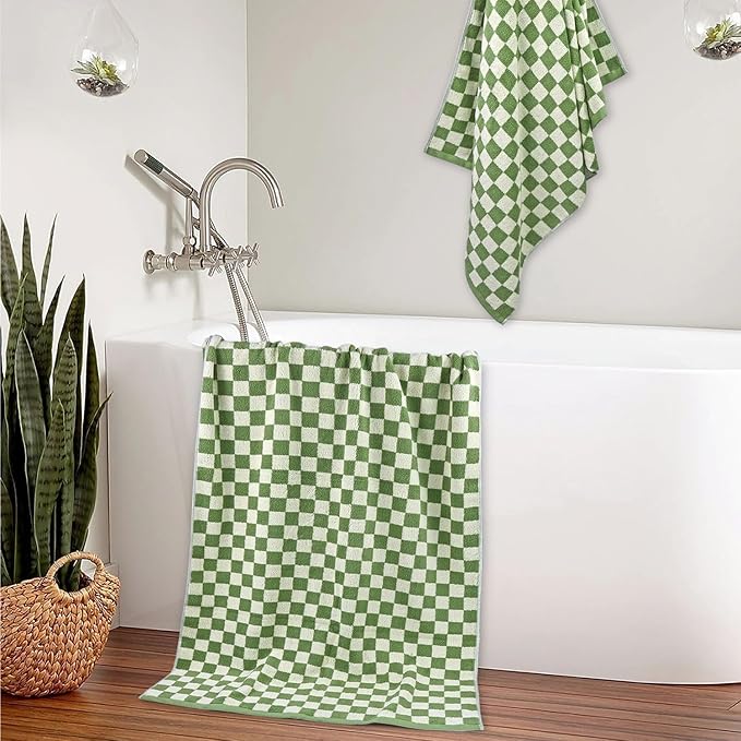 Jacquotha Bath Towels Set of 2 - Luxury Cotton Bathroom Shower Towels Body 55” x 27.5” Absorbent, Quick Dry, 520GSM, Green Checkered Bathroom Decor