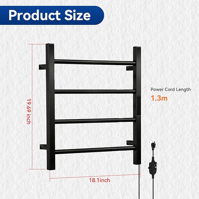 Heated Towel Racks for Bathroom, Hot Towel Warmer 4 Bars with 24hr Timer Stainless Steel Wall Mounted Electric Towel Warmers for Bathroom